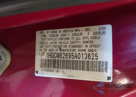 2005 Honda Accord 3.0 Ex from USA, damaged, VIN 1HGCM82695A013625